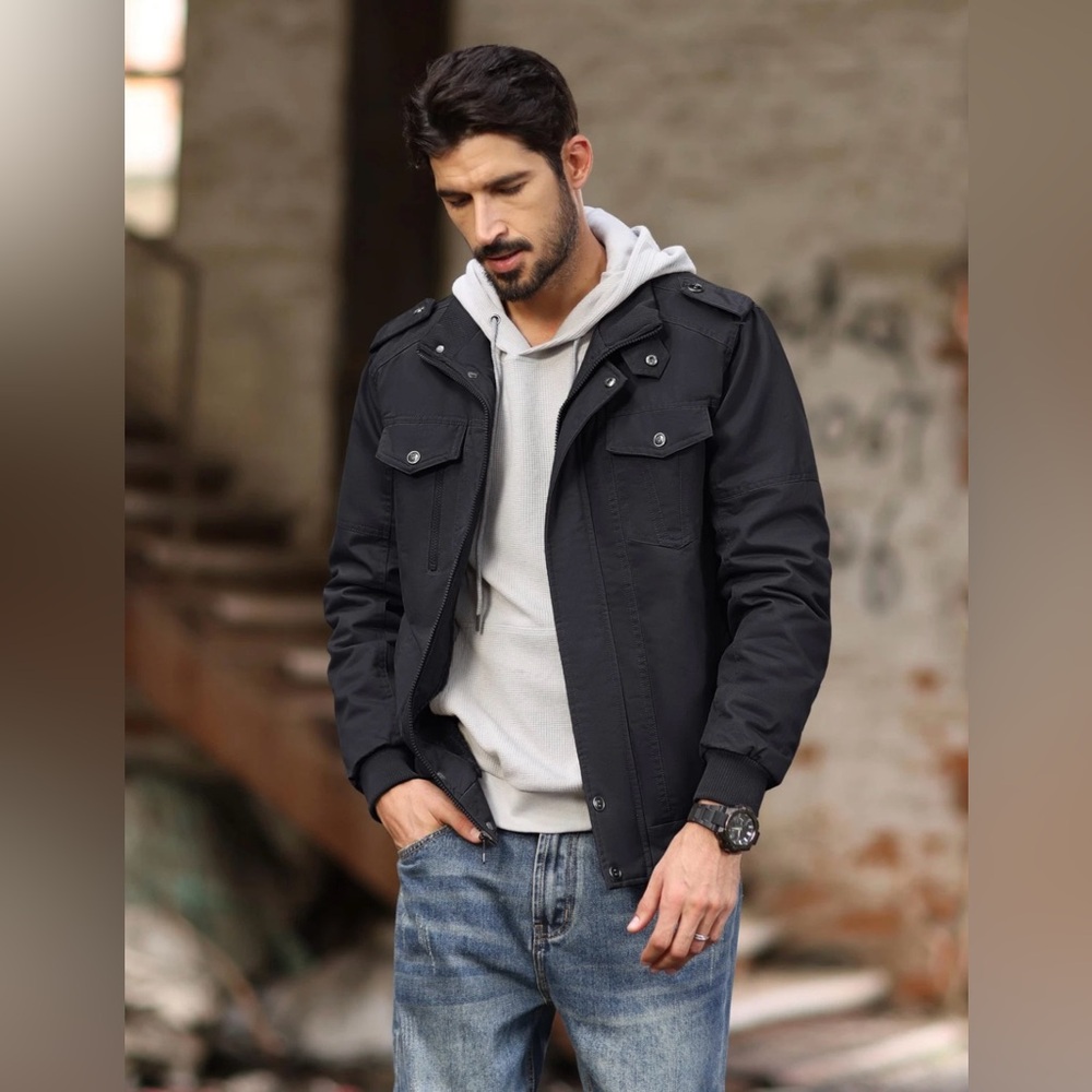 Mens Winter Military Jacket Cotton Multi-Pocket Bomber Fleece Lined Black Lg NWT
